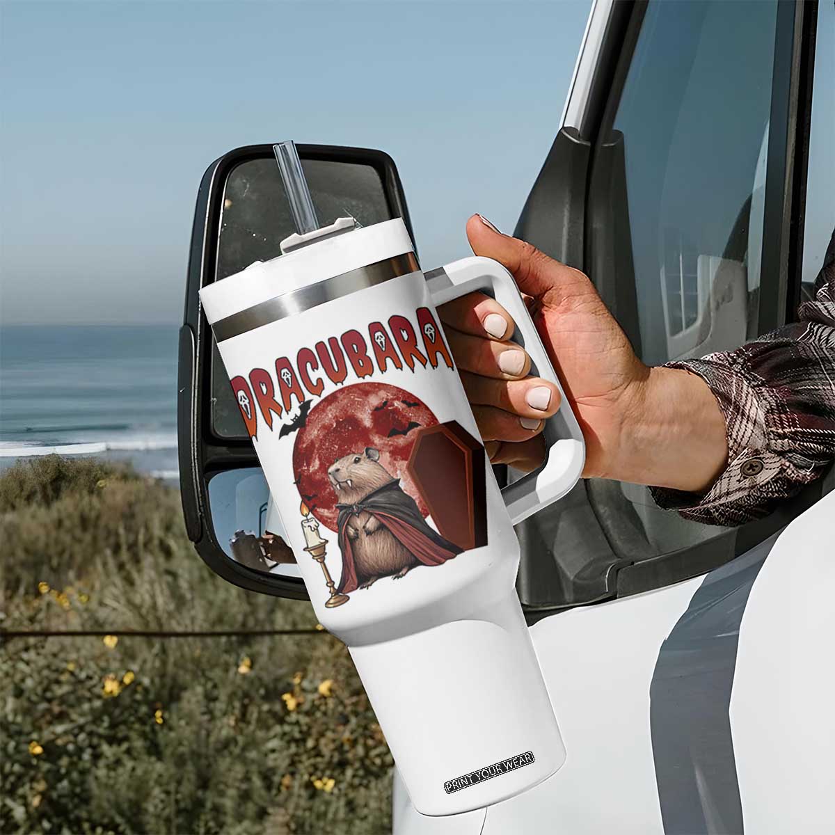 Halloween Capybara Tumbler With Handle Funny Dracubara In Dracula Outfit TS12 Print Your Wear