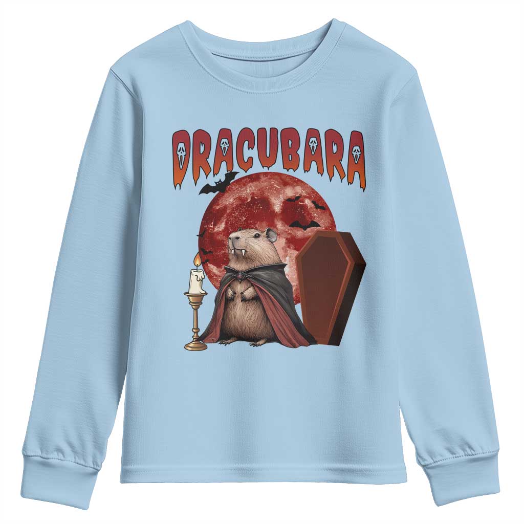 Halloween Capybara Youth Sweatshirt Funny Dracubara In Dracula Outfit TS12 Light Blue Print Your Wear