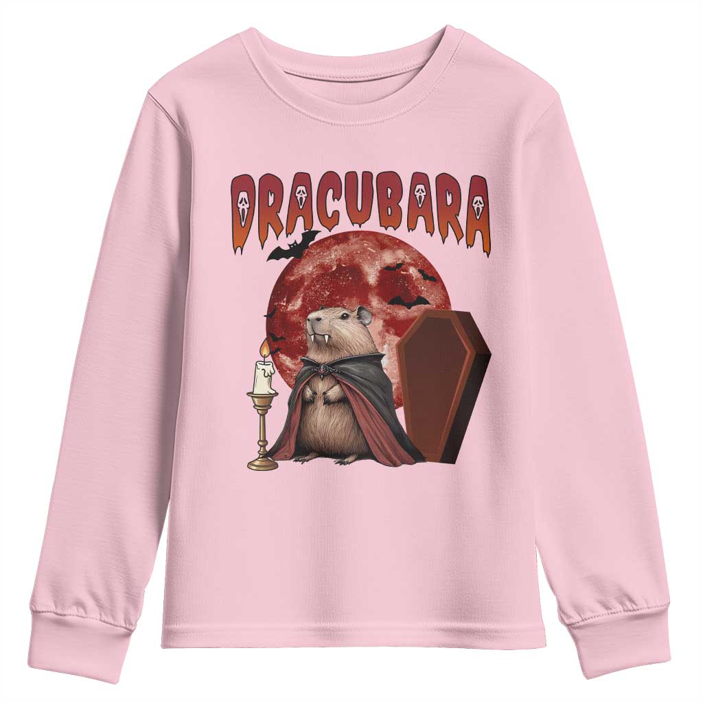 Halloween Capybara Youth Sweatshirt Funny Dracubara In Dracula Outfit TS12 Light Pink Print Your Wear
