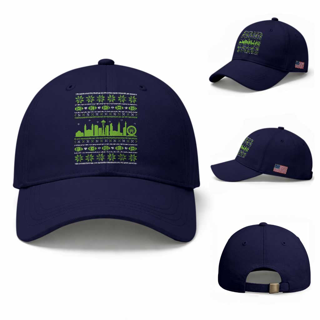 Seattle Skyline Game Day Baseball Cap Ugly Christmas Football Fan Gift TS12 Baseball Cap Universal Fit Dark Blue Print Your Wear