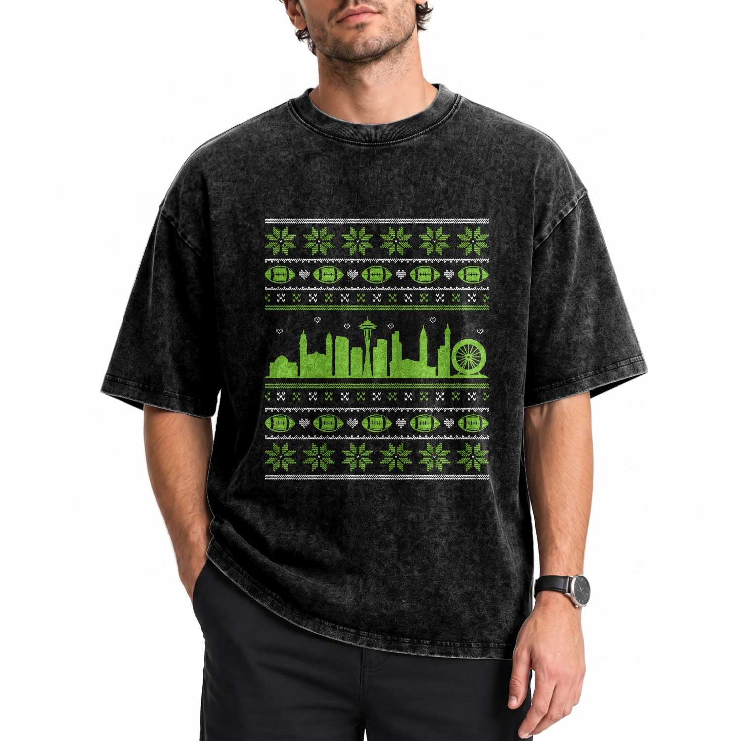 Seattle Skyline Game Day Washed Cotton T-Shirt Ugly Christmas Football Fan Gift