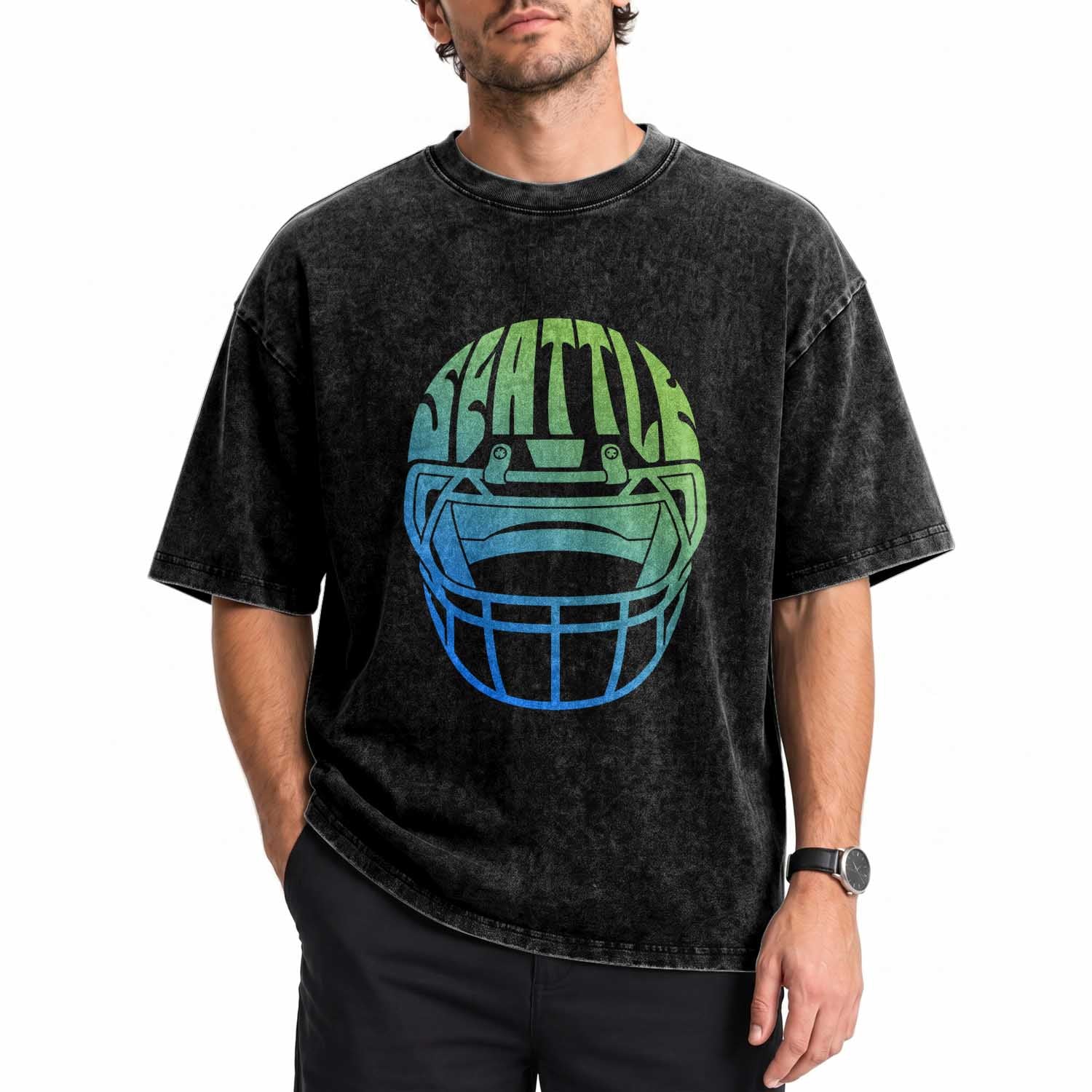 Seattle Northwest Fan Pride Washed Cotton T-Shirt Vintage Football Helmet Sports Graphic