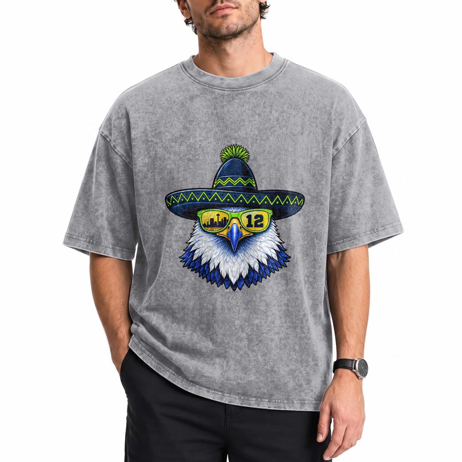 Sombrero Eagle With Neon Skyline Sunglasses Washed Cotton T-Shirt Emerald City Pride