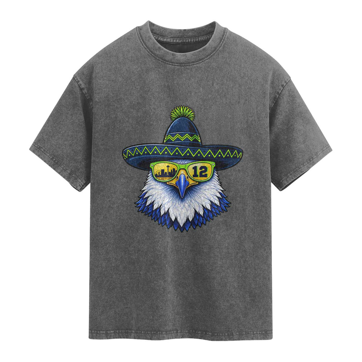 Sombrero Eagle With Neon Skyline Sunglasses Washed Cotton T-Shirt Emerald City Pride