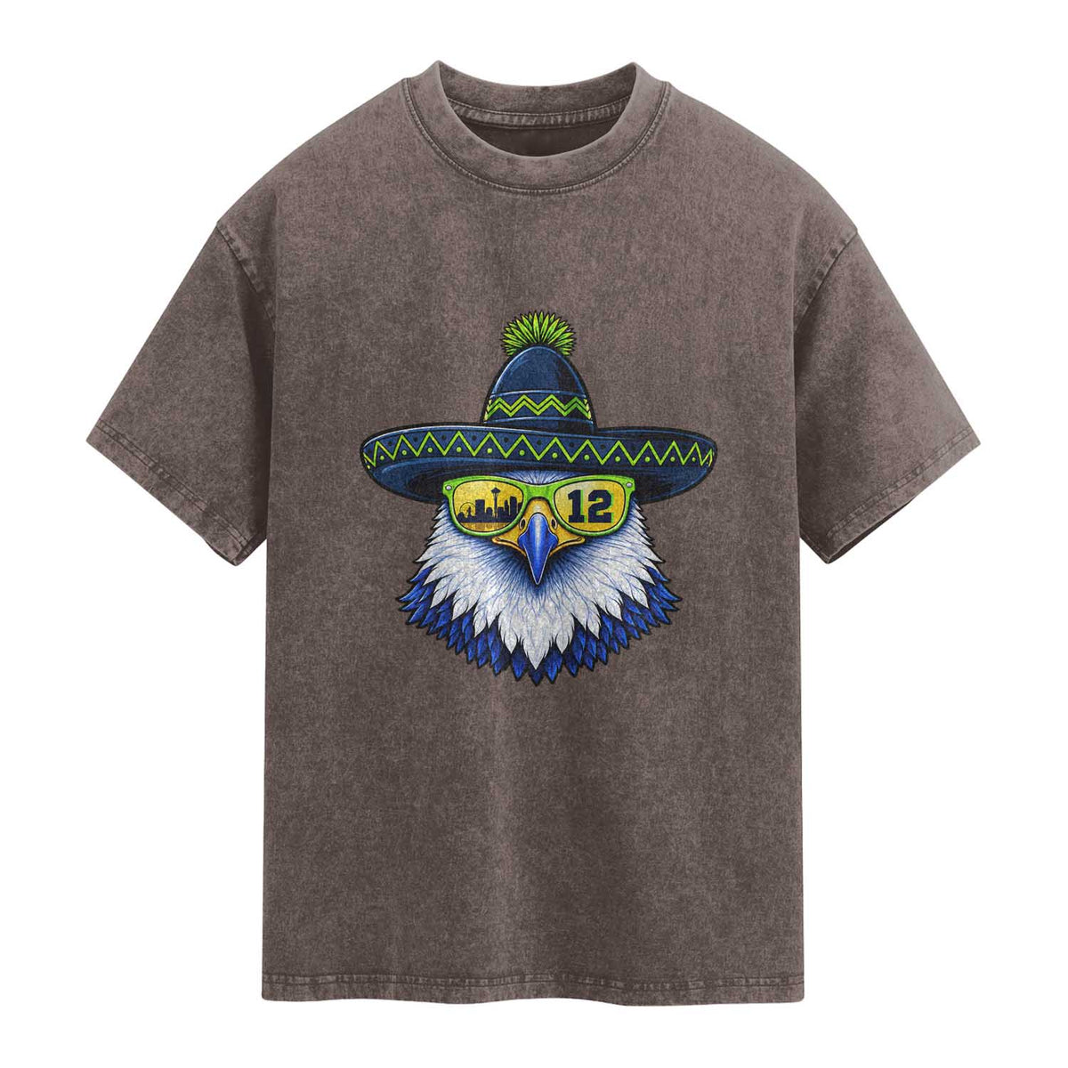 Sombrero Eagle With Neon Skyline Sunglasses Washed Cotton T-Shirt Emerald City Pride