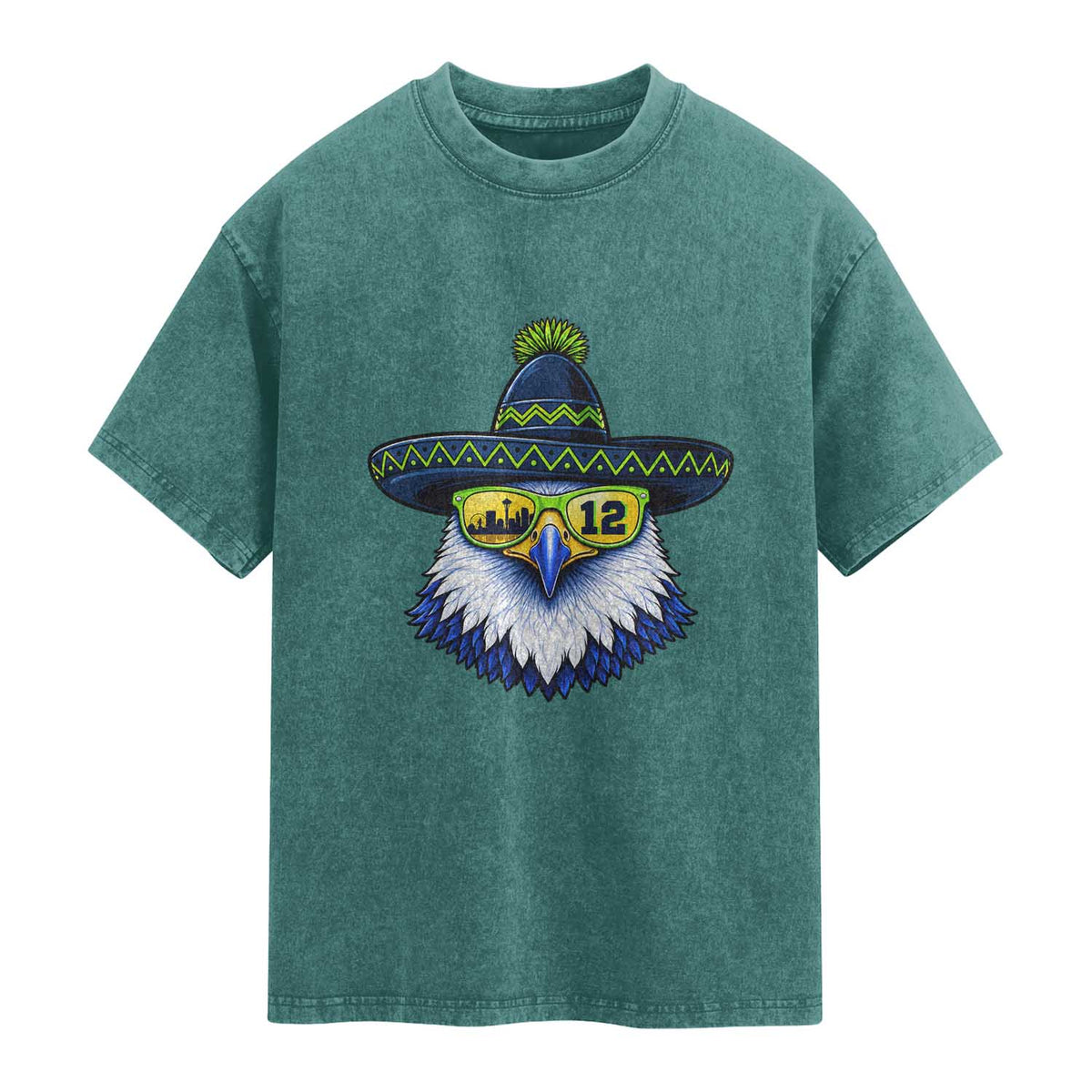 Sombrero Eagle With Neon Skyline Sunglasses Washed Cotton T-Shirt Emerald City Pride