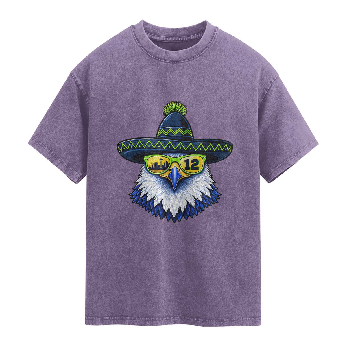 Sombrero Eagle With Neon Skyline Sunglasses Washed Cotton T-Shirt Emerald City Pride
