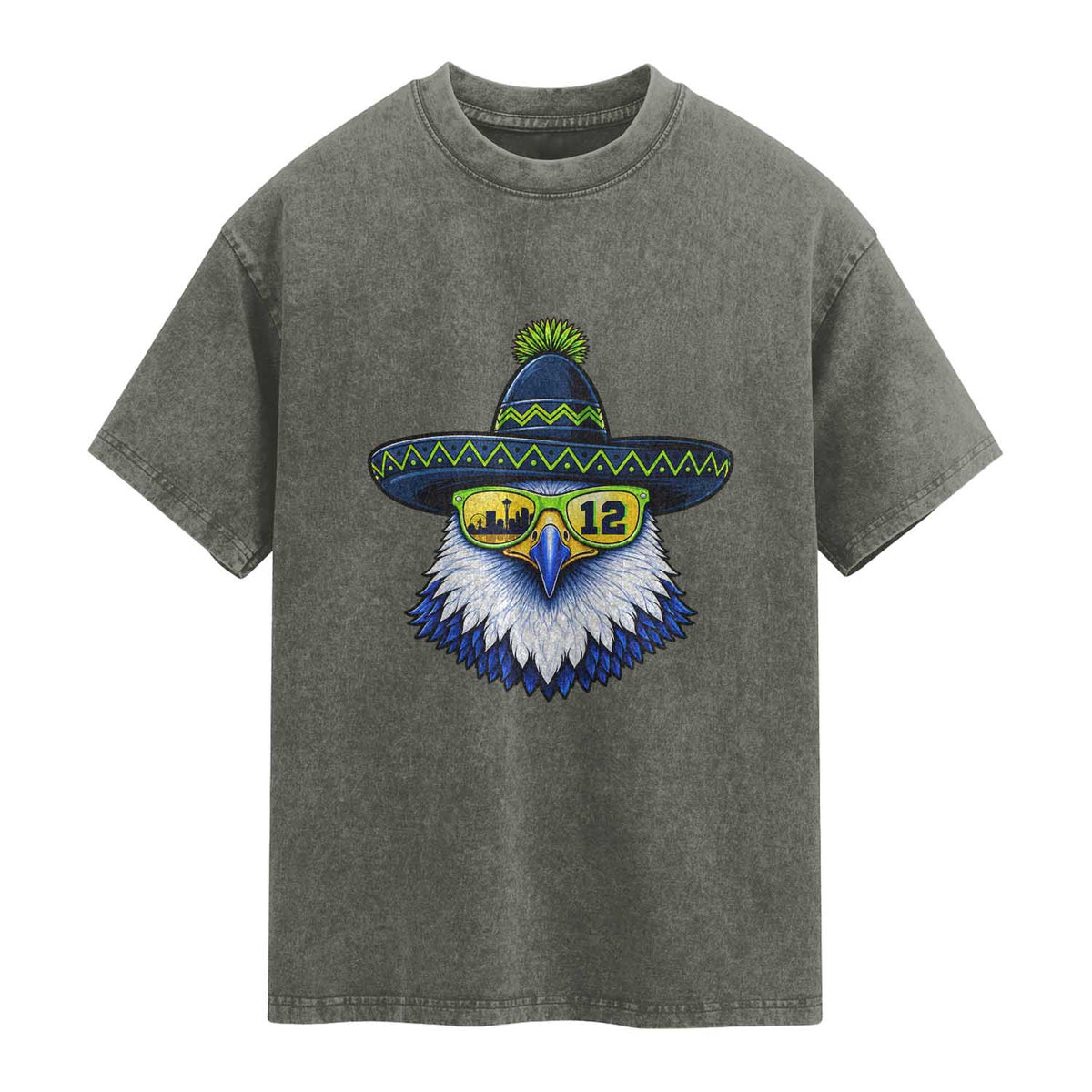 Sombrero Eagle With Neon Skyline Sunglasses Washed Cotton T-Shirt Emerald City Pride
