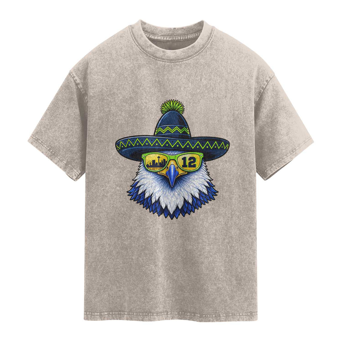Sombrero Eagle With Neon Skyline Sunglasses Washed Cotton T-Shirt Emerald City Pride