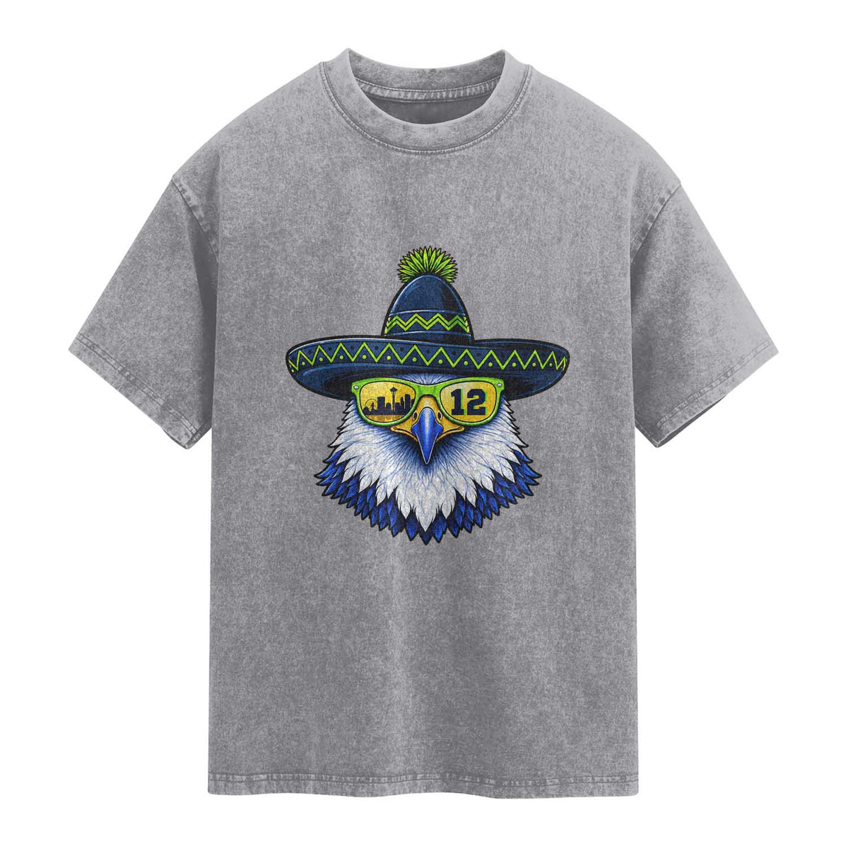 Sombrero Eagle With Neon Skyline Sunglasses Washed Cotton T-Shirt Emerald City Pride