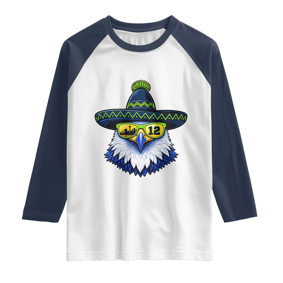 Sombrero Eagle With Neon Skyline Sunglasses Raglan Shirt Emerald City Pride TS12 White Navy Print Your Wear