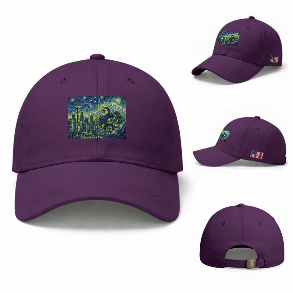 Starry Night Seattle Skyline Eagle Baseball Cap Vintage Football Fan Pacific Northwest Pride TS12 Baseball Cap Universal Fit Purple Print Your Wear