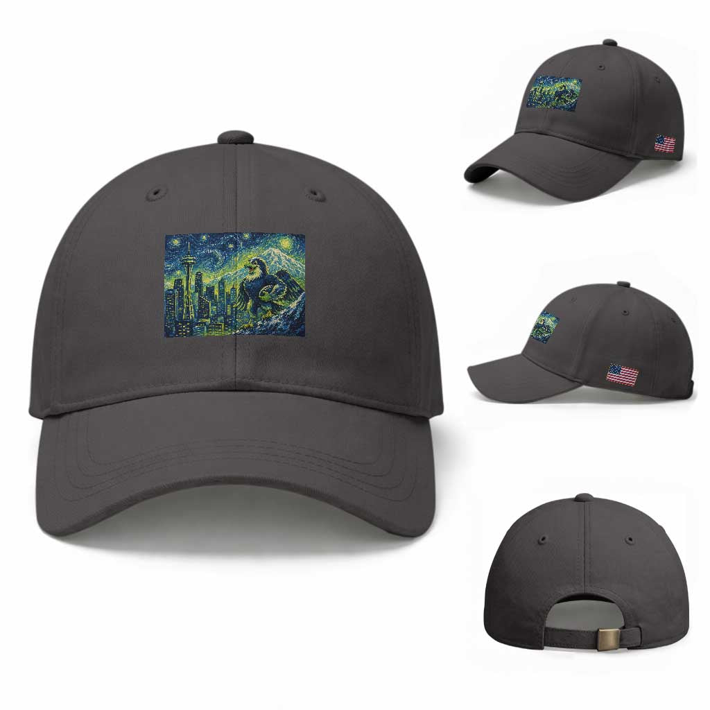 Starry Night Seattle Skyline Eagle Baseball Cap Vintage Football Fan Pacific Northwest Pride TS12 Baseball Cap Universal Fit Dark Gray Print Your Wear