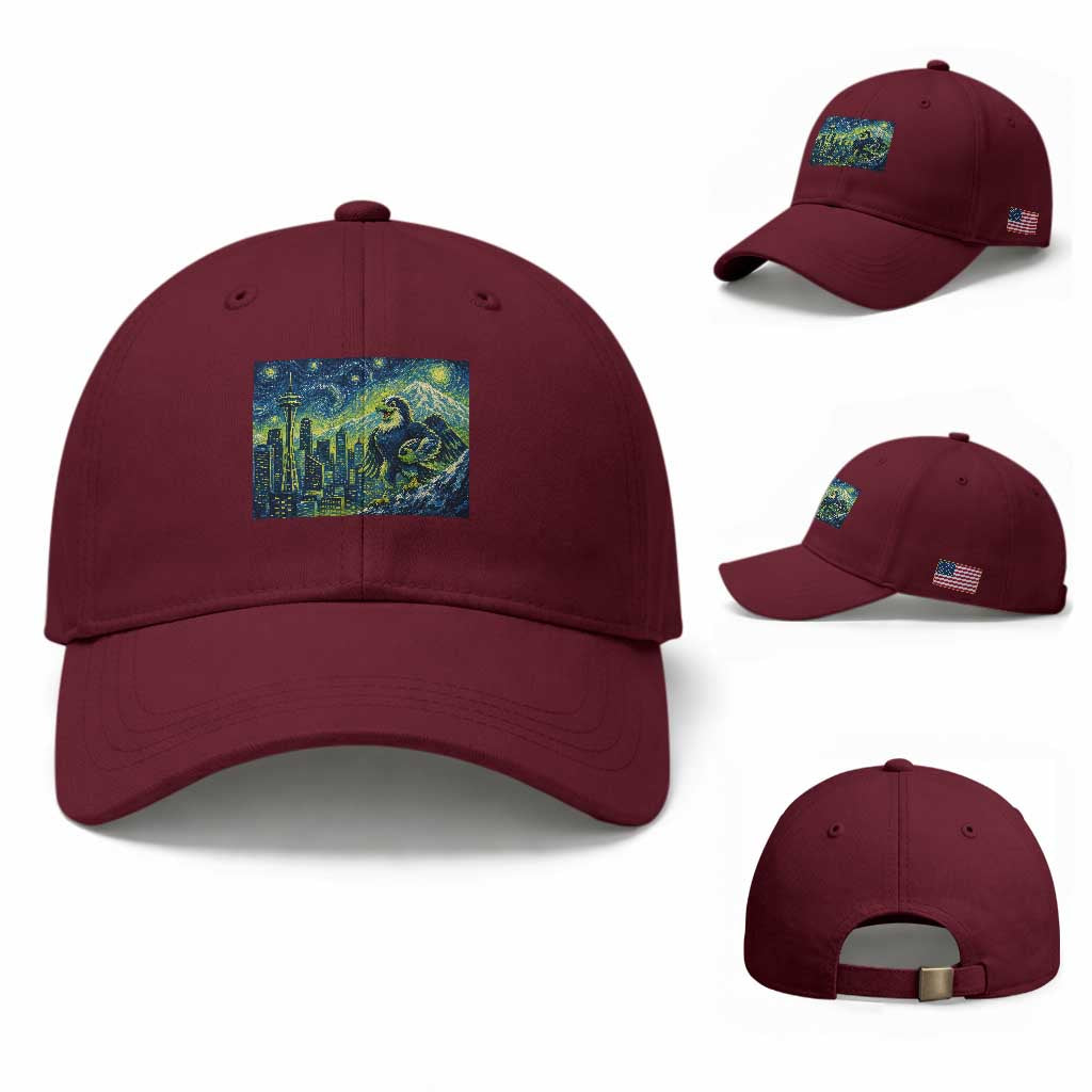 Starry Night Seattle Skyline Eagle Baseball Cap Vintage Football Fan Pacific Northwest Pride TS12 Baseball Cap Universal Fit Maroon Print Your Wear