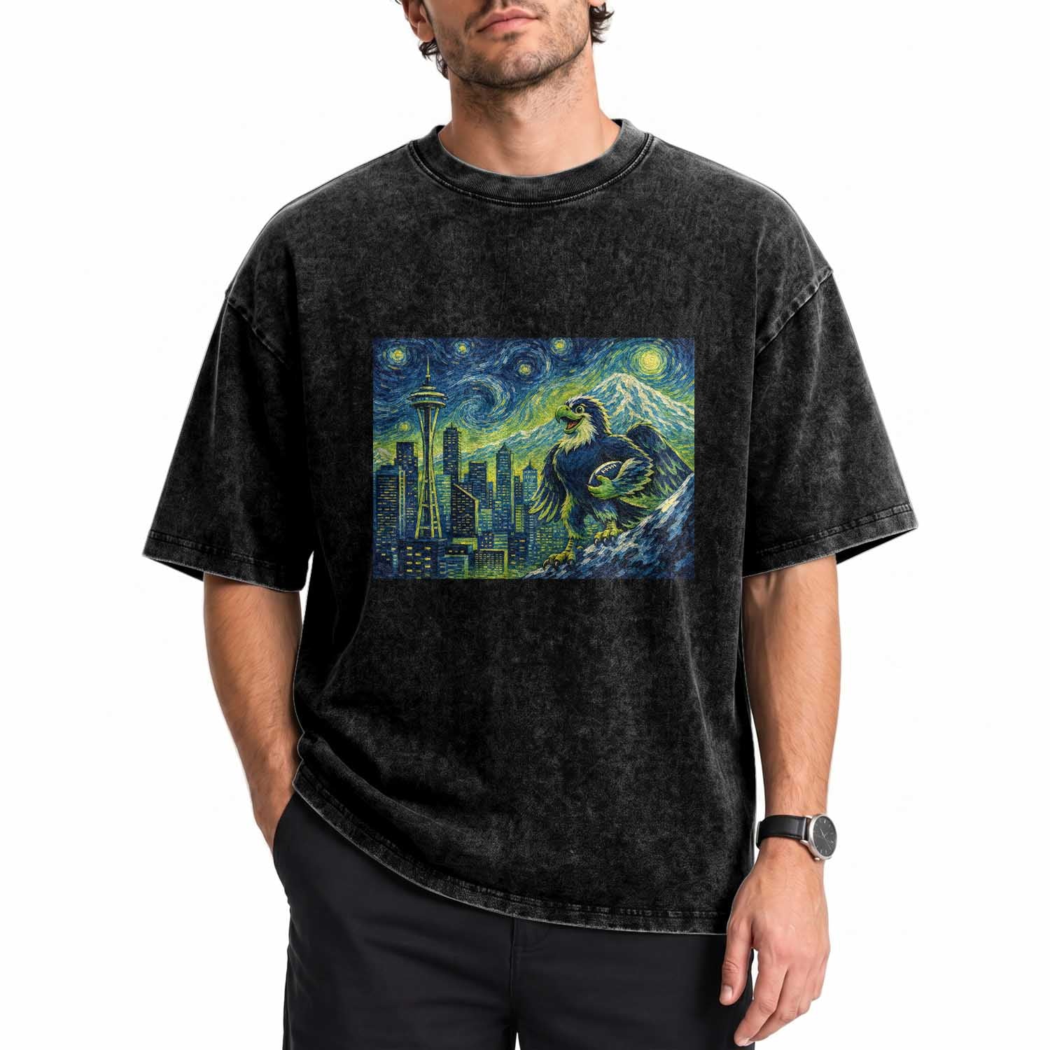 Starry Night Seattle Skyline Eagle Washed Cotton T-Shirt Vintage Football Fan Pacific Northwest Pride