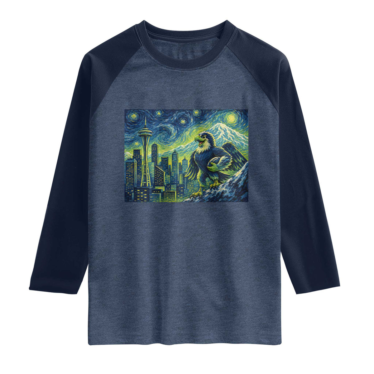 Starry Night Seattle Skyline Eagle Raglan Shirt Vintage Football Fan Pacific Northwest Pride TS12 Heather Denim Navy Print Your Wear