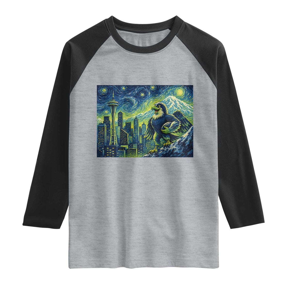 Starry Night Seattle Skyline Eagle Raglan Shirt Vintage Football Fan Pacific Northwest Pride TS12 Heather Gray Black Print Your Wear