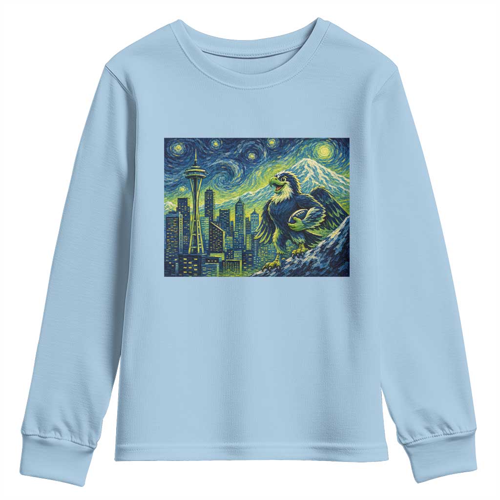 Starry Night Seattle Skyline Eagle Youth Sweatshirt Vintage Football Fan Pacific Northwest Pride TS12 Light Blue Print Your Wear