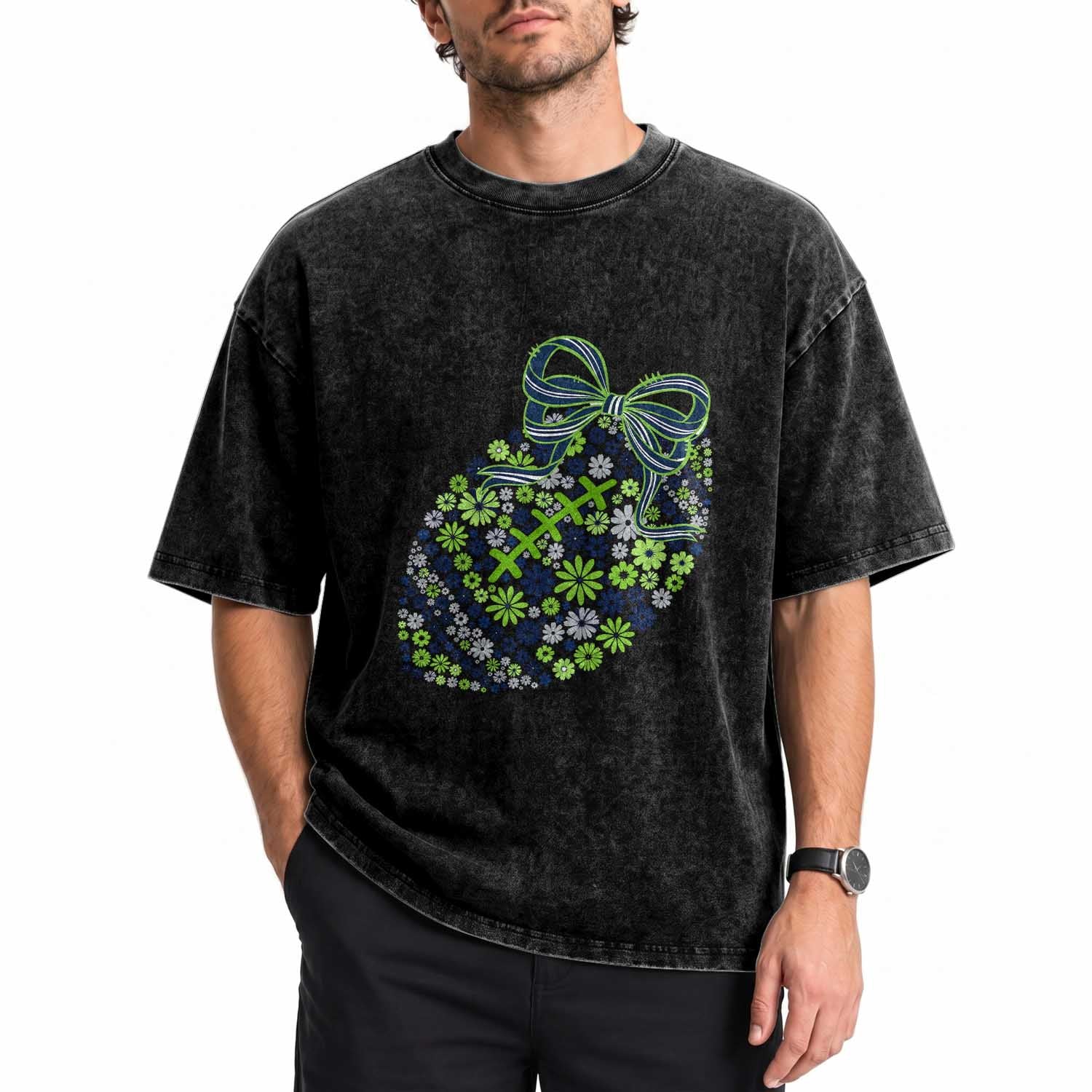 Floral Football With Bow Green And Blue Washed Cotton T-Shirt Game Day Sports Fan