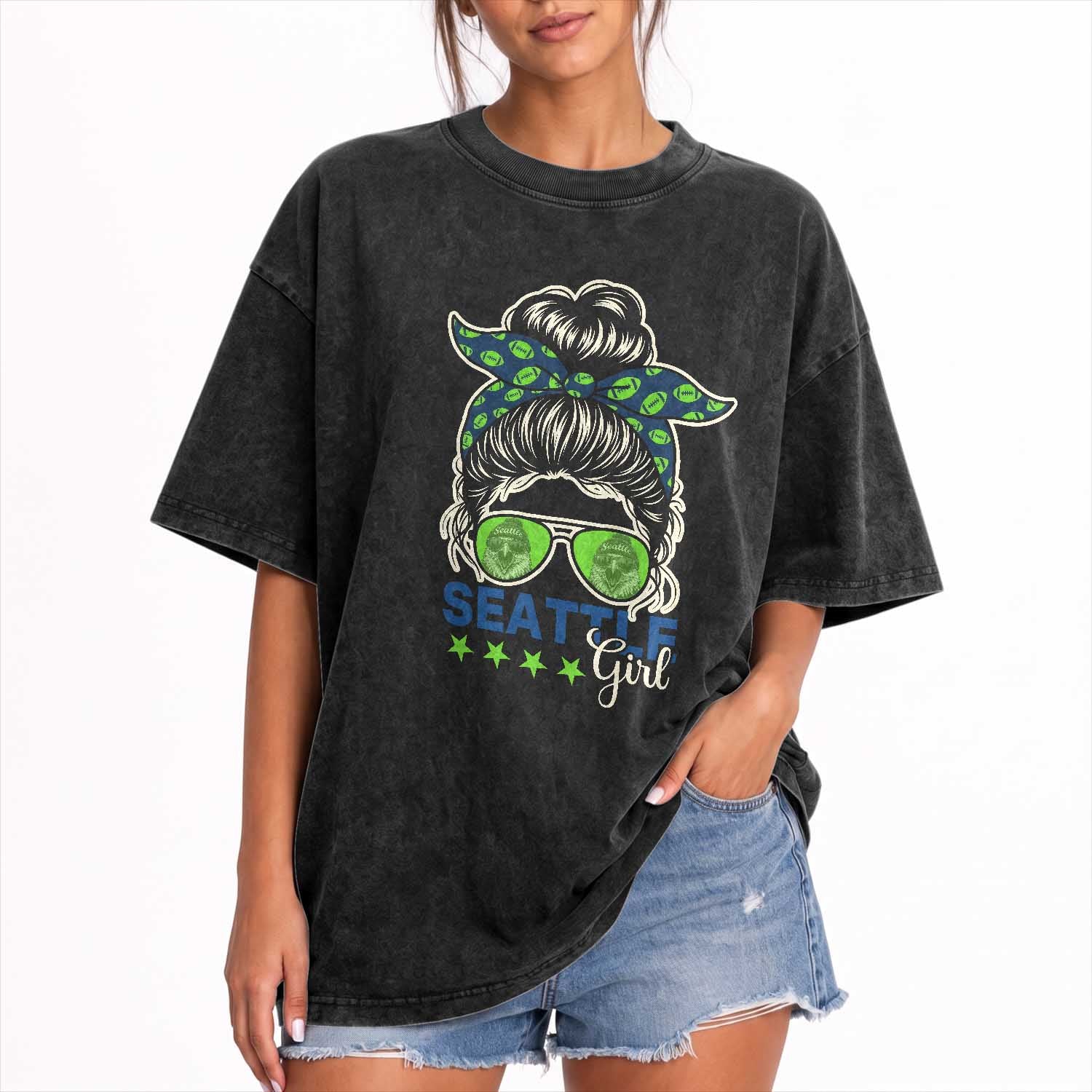 Seattle Girl Football Washed Cotton T-Shirt Messy Bun Game Day Sports Fan
