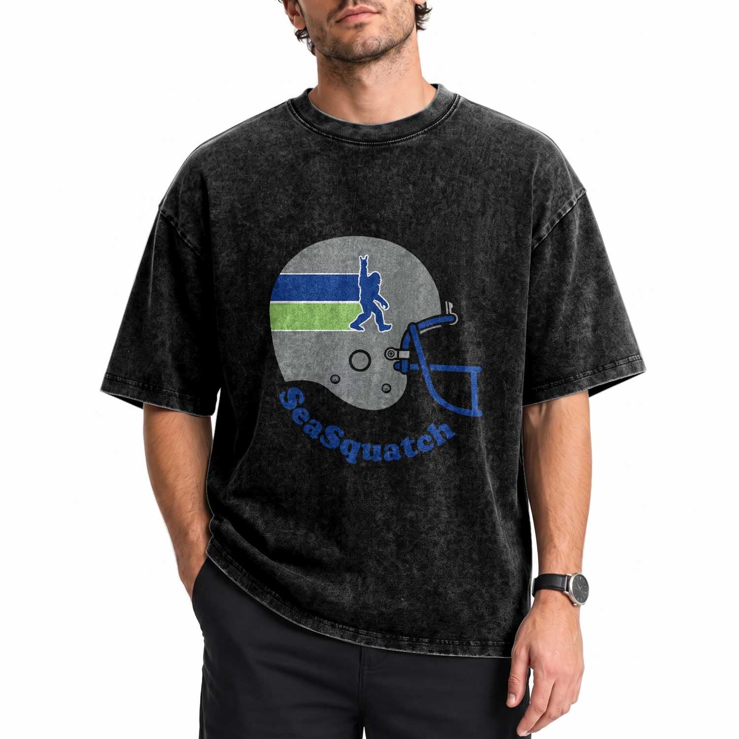 SeaSquatch Bigfoot Football Helmet Washed Cotton T-Shirt Seattle Sports Fan Pride