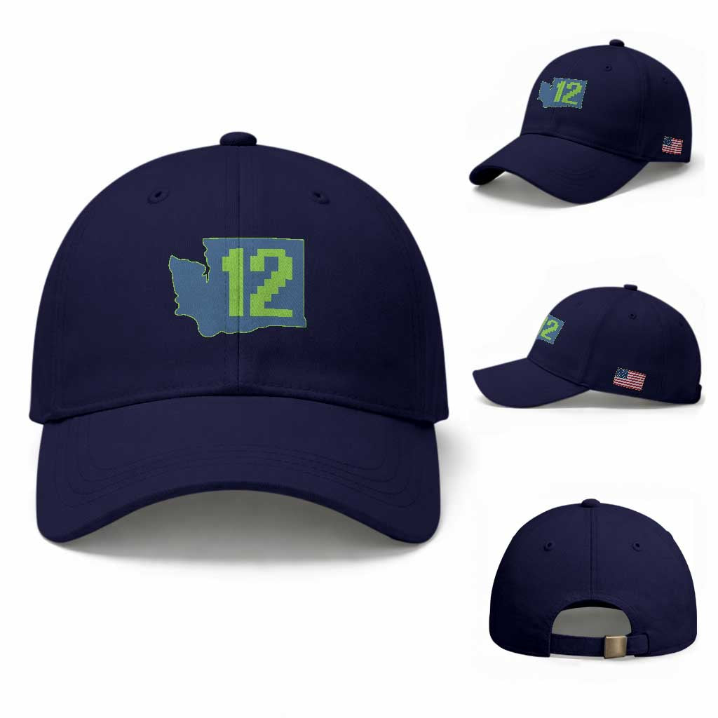 Washington State Map Number 12 Baseball Cap Pacific Northwest Sports Fan TS12 Baseball Cap Universal Fit Dark Blue Print Your Wear