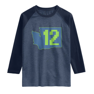 Washington State Map Number 12 Raglan Shirt Pacific Northwest Sports Fan TS12 Heather Denim Navy Print Your Wear