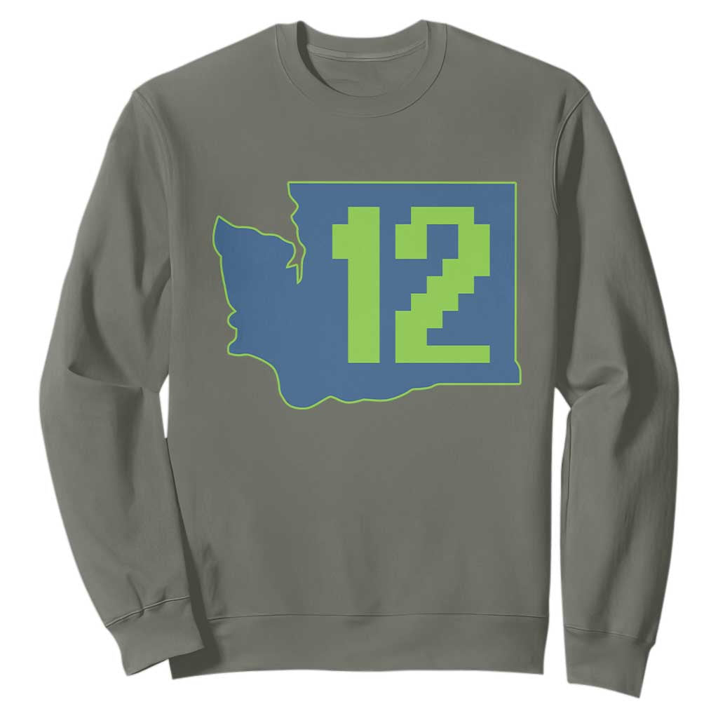 Washington State Map Number 12 Sweatshirt Pacific Northwest Sports Fan TS12 Military Green Print Your Wear