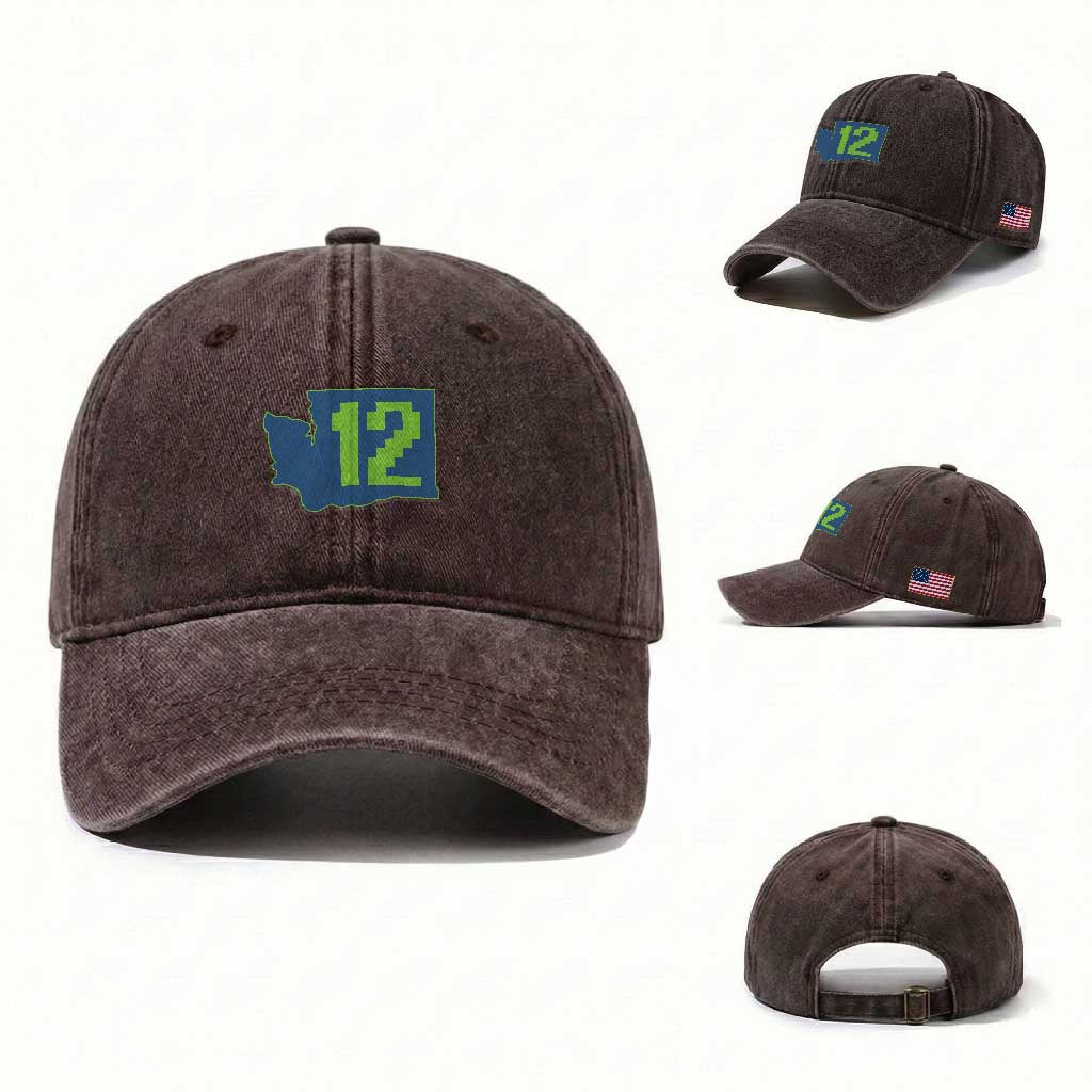 Washington State Map Number 12 Washed Cotton Baseball Cap Pacific Northwest Sports Fan TS12 Washed Cap Universal Fit Dark Brown Print Your Wear