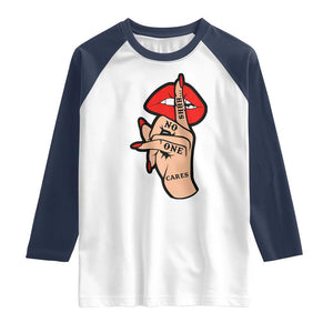 Shhh No One Cares Raglan Shirt Sarcastic Humor Gift TS12 White Navy Print Your Wear
