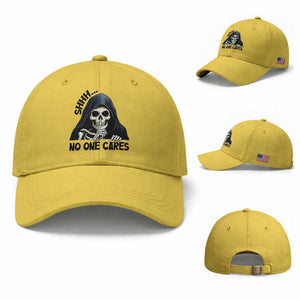 Funny Skeleton Humor Baseball Cap Shhh No One Cares TS12 Baseball Cap Universal Fit Yellow Print Your Wear