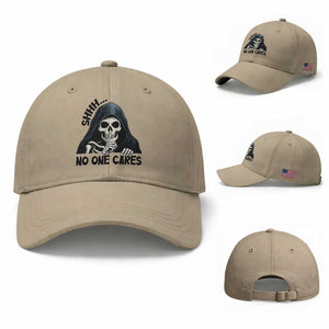 Funny Skeleton Humor Baseball Cap Shhh No One Cares TS12 Baseball Cap Universal Fit Khaki Print Your Wear