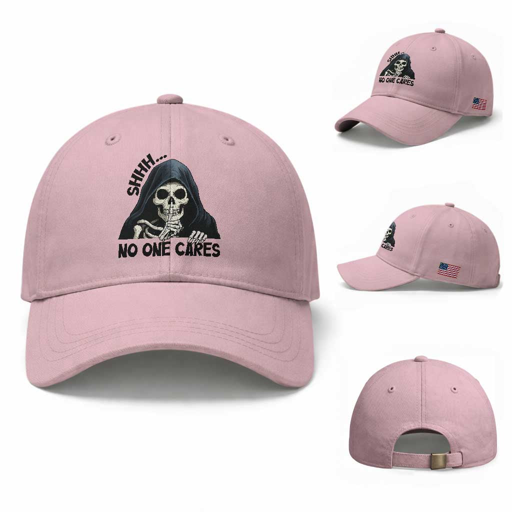 Funny Skeleton Humor Baseball Cap Shhh No One Cares TS12 Baseball Cap Universal Fit Light Pink Print Your Wear