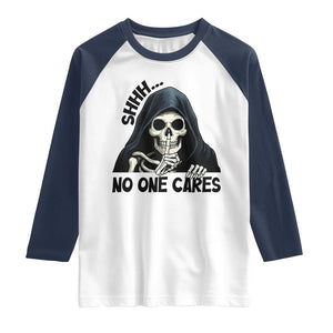 Funny Skeleton Humor Raglan Shirt Shhh No One Cares TS12 White Navy Print Your Wear