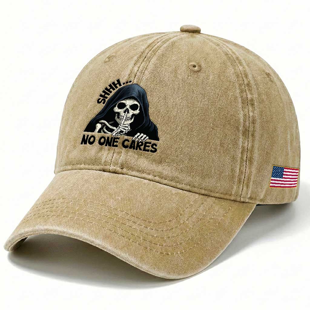 Funny Skeleton Humor Washed Cotton Baseball Cap Shhh No One Cares TS12 Print Your Wear