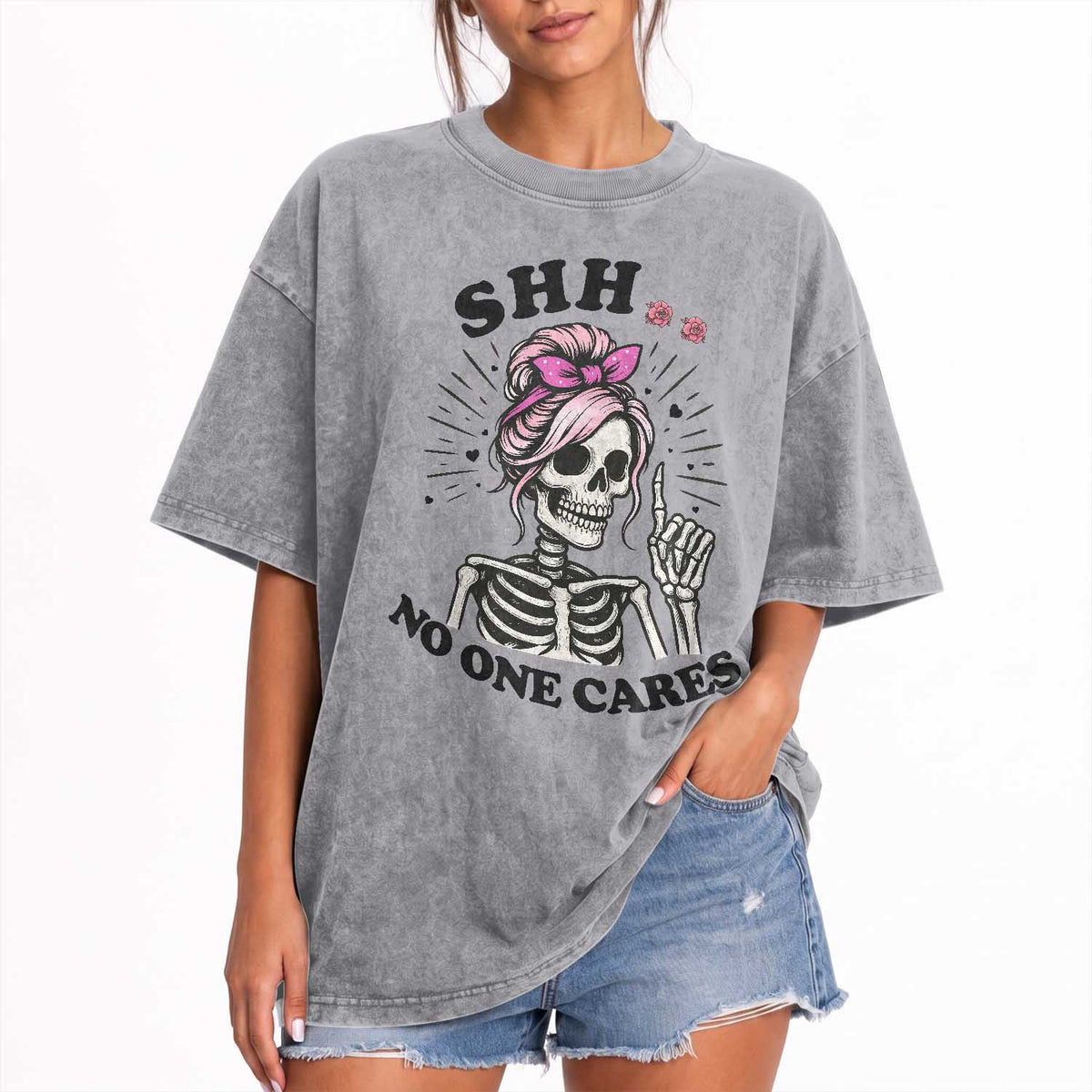 Funny Skeleton Sarcastic Washed Cotton T-Shirt Shhh No One Cares