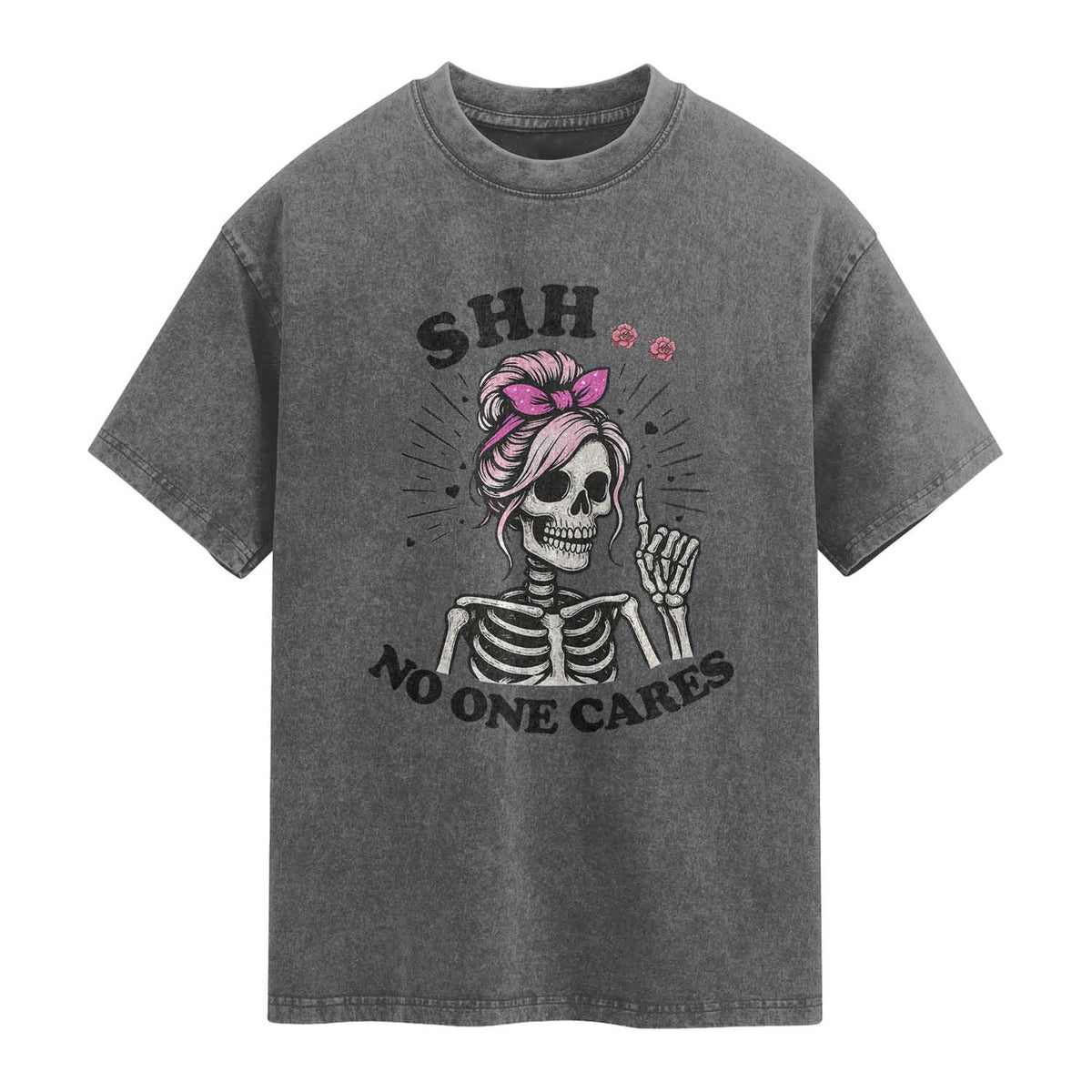 Funny Skeleton Sarcastic Washed Cotton T-Shirt Shhh No One Cares