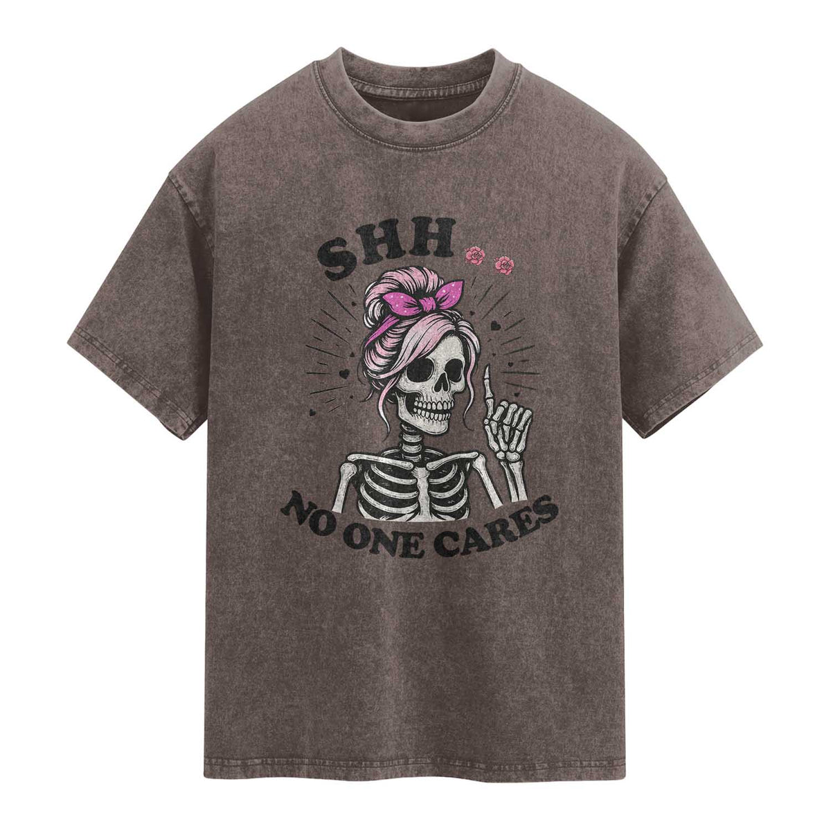 Funny Skeleton Sarcastic Washed Cotton T-Shirt Shhh No One Cares