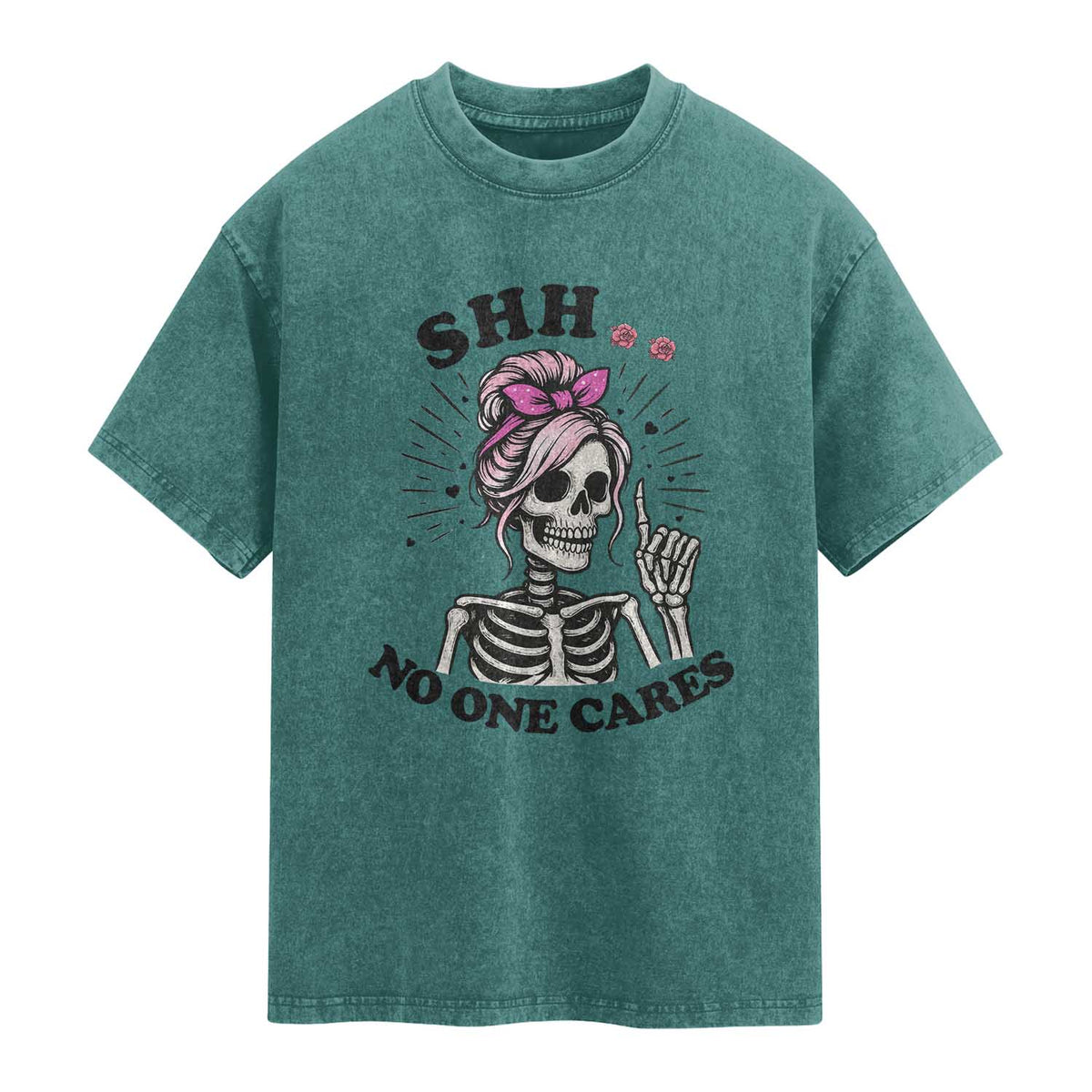 Funny Skeleton Sarcastic Washed Cotton T-Shirt Shhh No One Cares