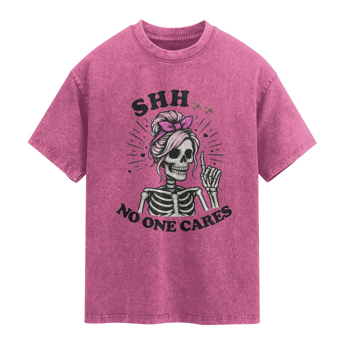 Funny Skeleton Sarcastic Washed Cotton T-Shirt Shhh No One Cares