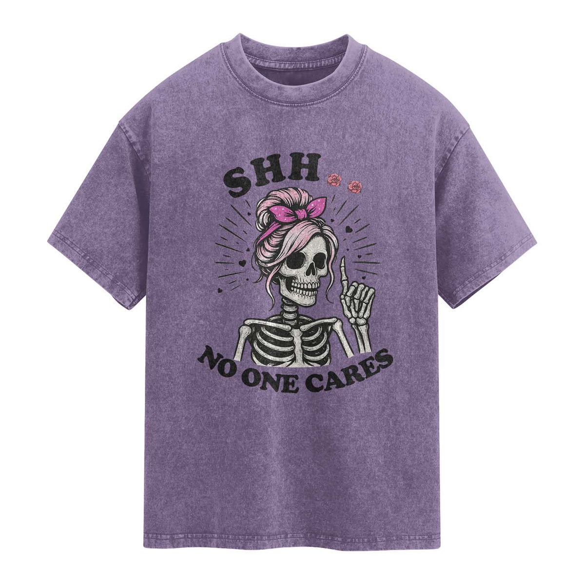 Funny Skeleton Sarcastic Washed Cotton T-Shirt Shhh No One Cares