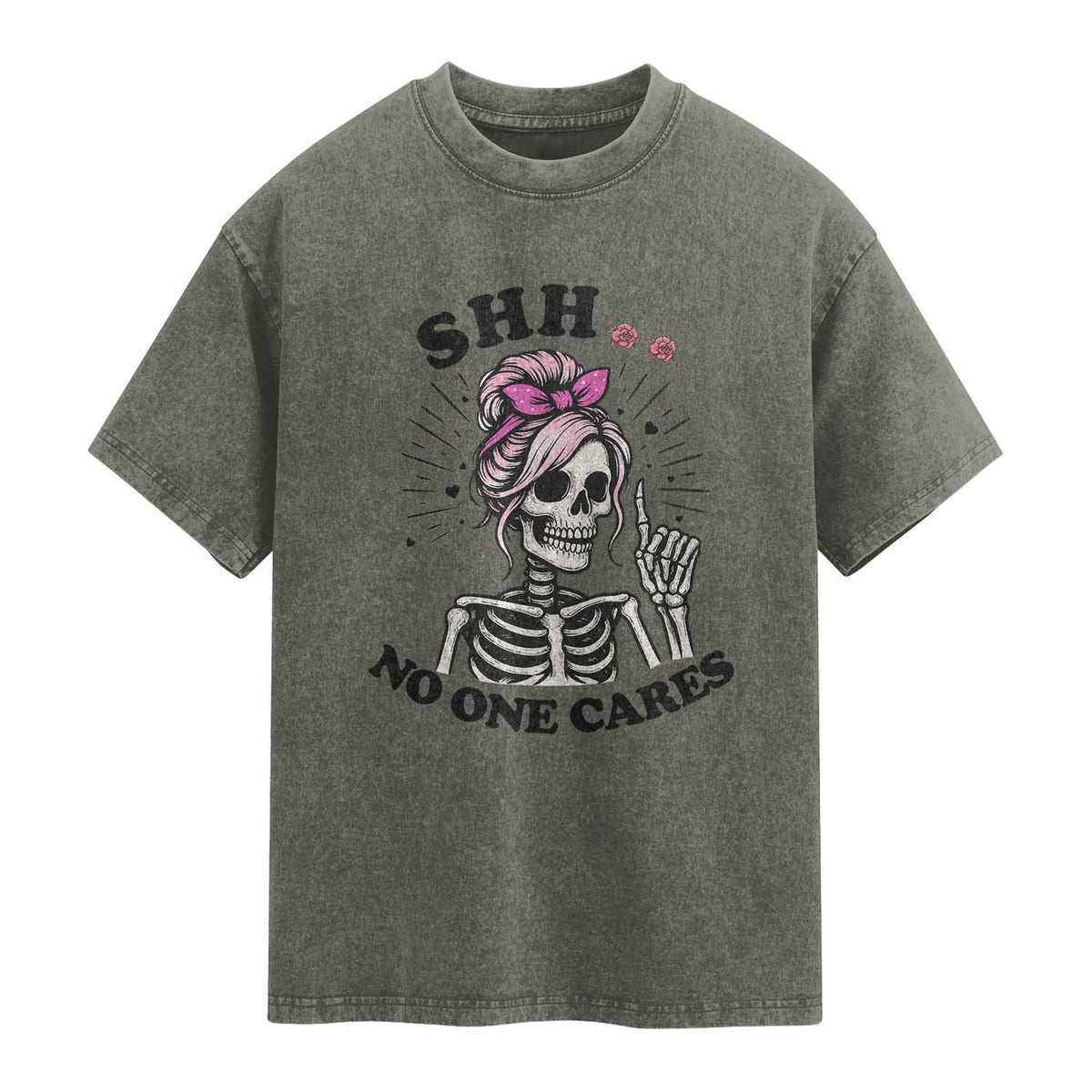 Funny Skeleton Sarcastic Washed Cotton T-Shirt Shhh No One Cares