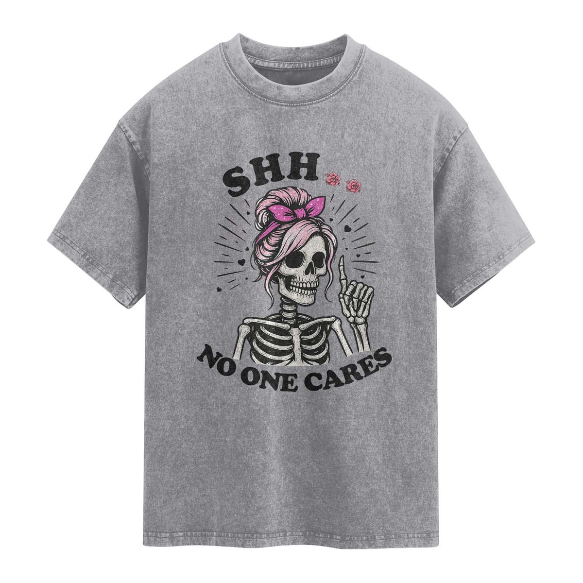 Funny Skeleton Sarcastic Washed Cotton T-Shirt Shhh No One Cares
