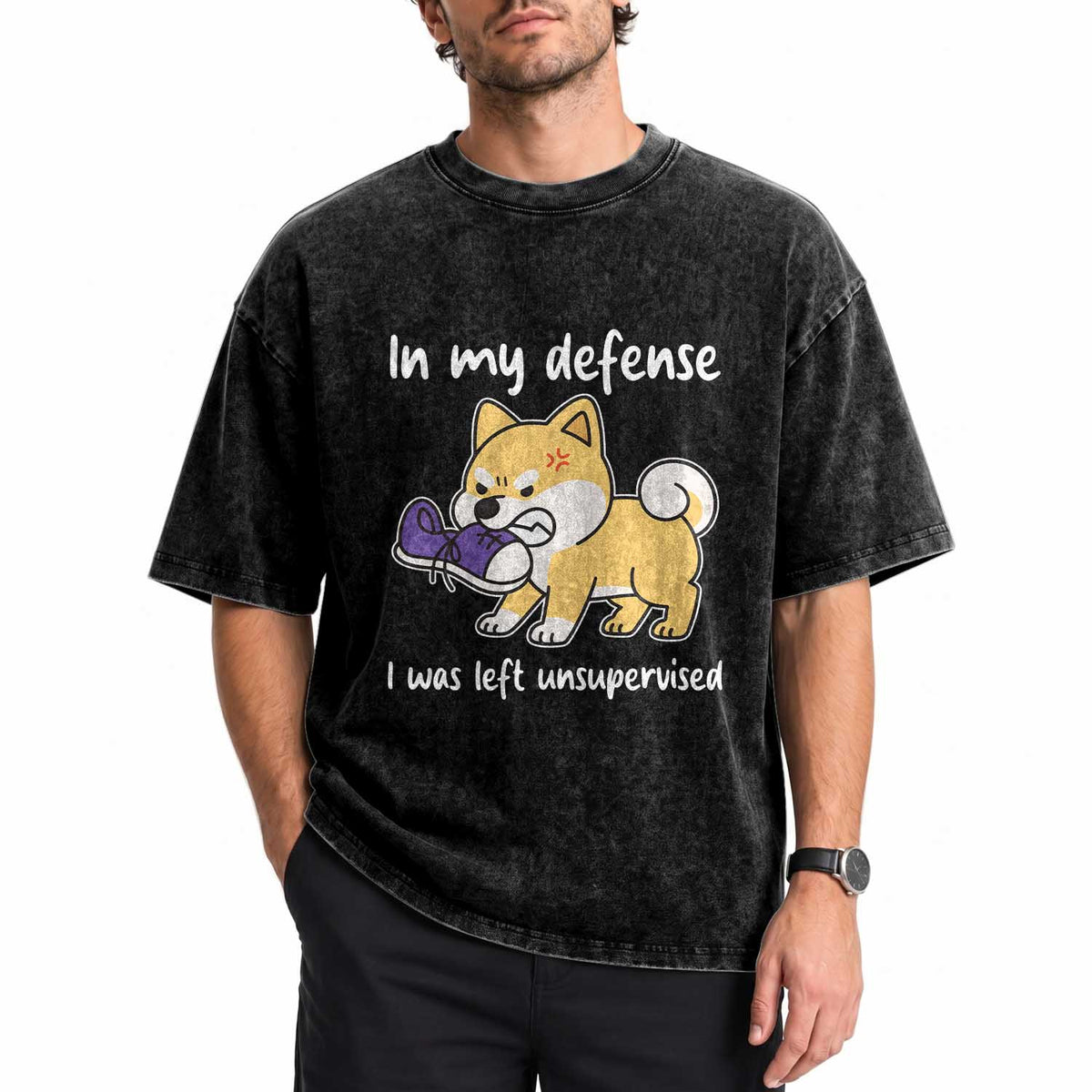 Sarcastic Dog Lover Washed Cotton T-Shirt In My Defense I Was Left Unsupervised