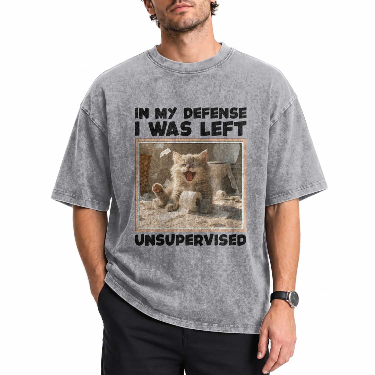 Funny Cat Humor Washed Cotton T-Shirt In My Defense I Was Left Unsupervised