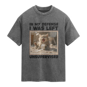 Funny Cat Humor Washed Cotton T-Shirt In My Defense I Was Left Unsupervised