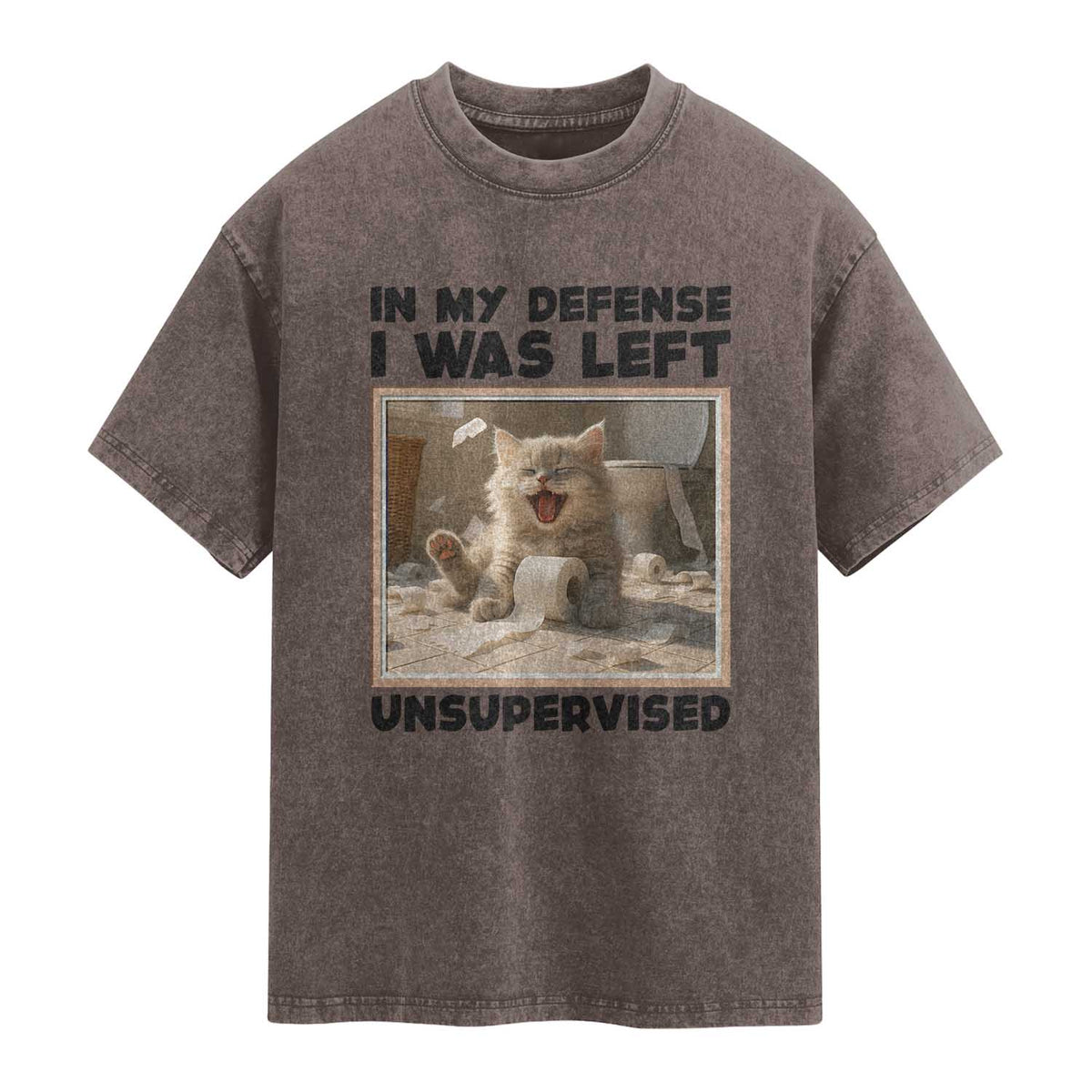 Funny Cat Humor Washed Cotton T-Shirt In My Defense I Was Left Unsupervised