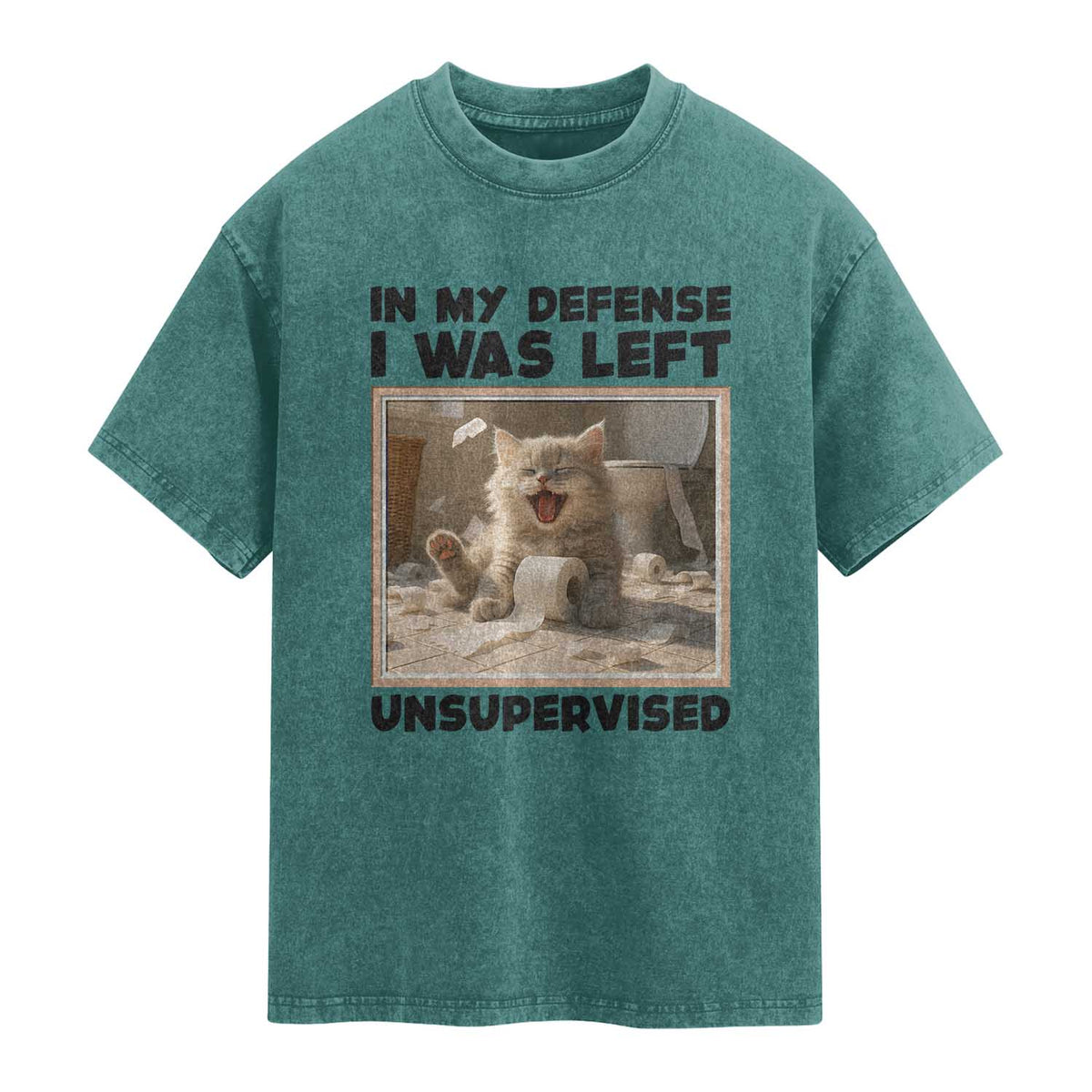 Funny Cat Humor Washed Cotton T-Shirt In My Defense I Was Left Unsupervised