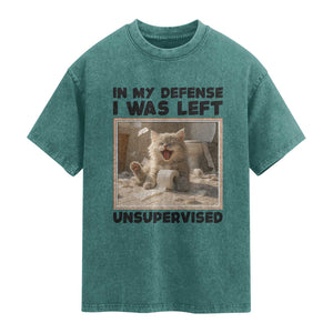 Funny Cat Humor Washed Cotton T-Shirt In My Defense I Was Left Unsupervised