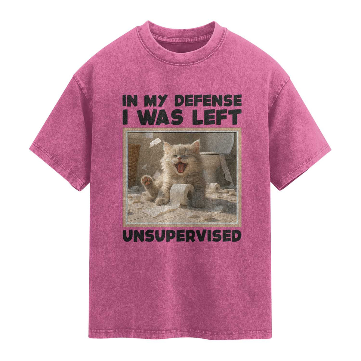 Funny Cat Humor Washed Cotton T-Shirt In My Defense I Was Left Unsupervised
